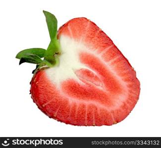 Single cross of red strawberry. Isolated on white background. Close-up. Studio photography.