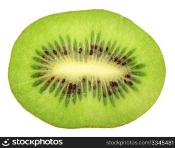 Single cross section of kiwi. Isolated on white background. Close-up. Studio photography.