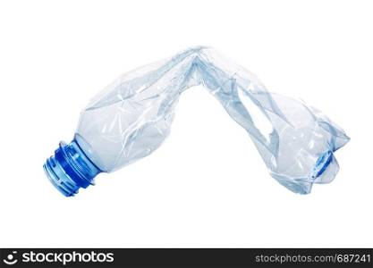 Single crumpled plastic blue bottle isolated on a white background in close-up