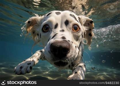 Single dalmatian dog diving underwater, generative ai