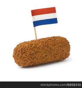 Single deep fried Dutch kroket with a Dutch flag isolated on white background. Single deep fried Dutch kroket with a Dutch flag