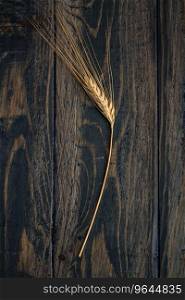 Single ear of wheat on blue wooden background