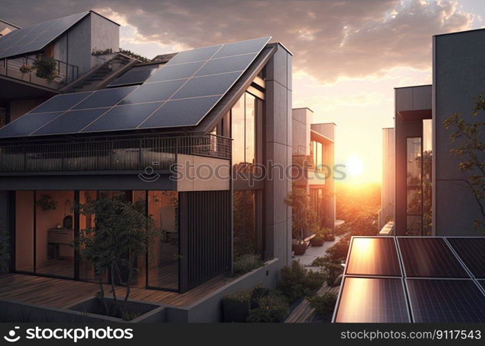 Single family house with solar panels at sunset or sunrise. Sustainability concept. Generative AI