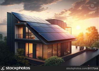 Single family house with solar panels at sunset or sunrise. Sustainability concept. Generative AI