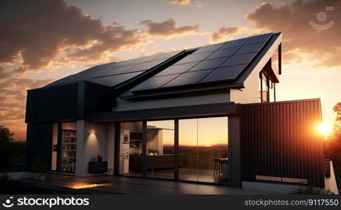 Single family house with solar panels at sunset or sunrise. Sustainability concept. Generative AI