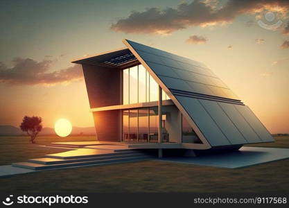 Single family house with solar panels. Sustainability concept. Generative AI