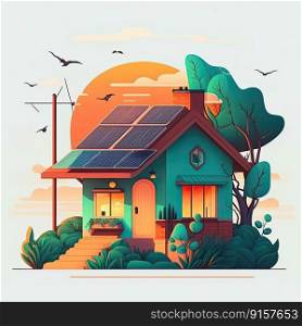Single family house with solar panels. Sustainability concept. Generative AI