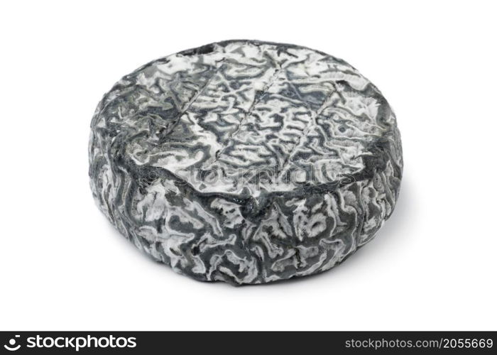 Single French goat cheese with black mold isolated on white background