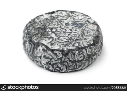 Single French goat cheese with black mold isolated on white background