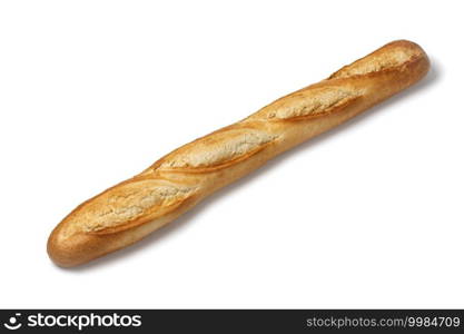 Single fresh baked traditional French baguette isolated on white background