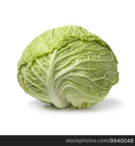 Single fresh raw whole Savoy cabbage isolated on white background