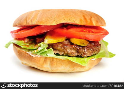 single fresh realistic looking hamburger isolated on white background. realistic looking hamburger