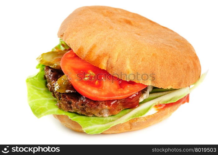 single fresh realistic looking hamburger isolated on white background. realistic looking hamburger