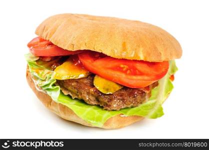 single fresh realistic looking hamburger isolated on white background. realistic looking hamburger