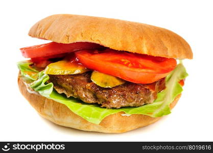 single fresh realistic looking hamburger isolated on white background. realistic looking hamburger