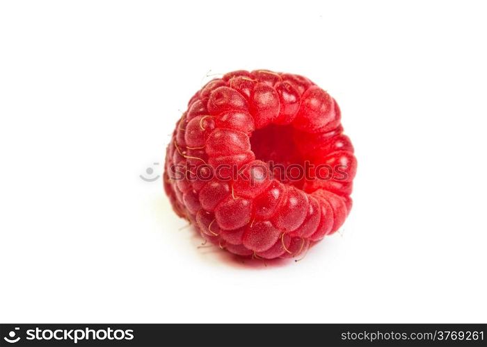 Single fresh sweet raspberry. Isolated over white background. Close up macro shot. Image was professionally retouched