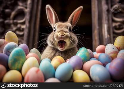 Single funny bunny in easter eggs, generative ai