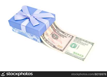 single gift box and money on white background