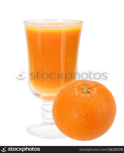 Single glass with fresh orange juice and full orange-fruit. Isolated on white background. Close-up. Studio photography.
