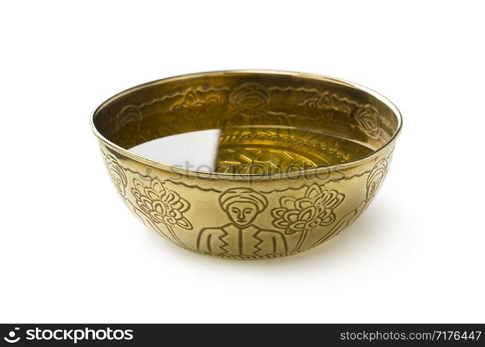 Single gold colored metal Hammam water bowl isolated on white background