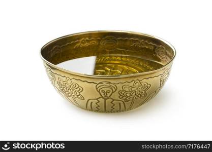 Single gold colored metal Hammam water bowl isolated on white background