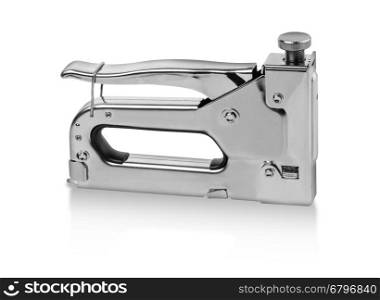 Single gray metal stapler. Isolated on white background. Close-up. Studio photography. with clipping path