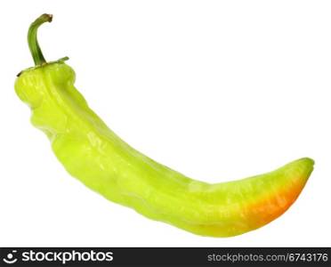 Single green fresh chilli-pepper. Close-up. Isolated on white background. Studio photography.