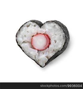 Single heart shaped sushi with crabstick isolated on white background 