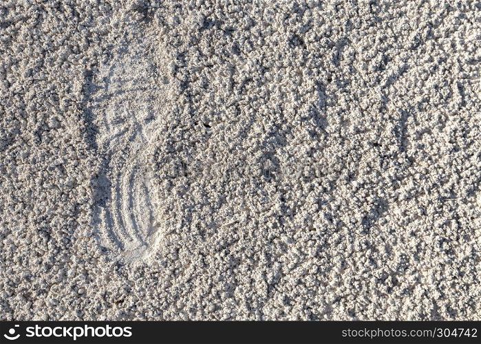 Single imprint,footprint of shoe or boot on salt lake with copy space.Concept image.. Single imprint,footprint of shoe or boot on salt lake