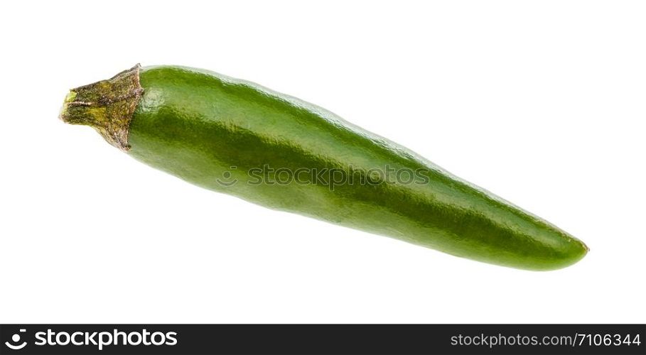single little fresh green ripe chili pepper isolated on white background