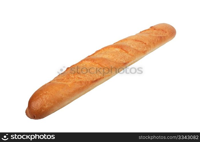 Single loaf of baguette. Close-up. Isolated on white background.