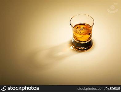 Single malt whiskey glass with ice cubes on golden background.Top view.