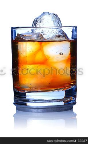 Single malt whiskey with ice isolated on white. Soft reflection.