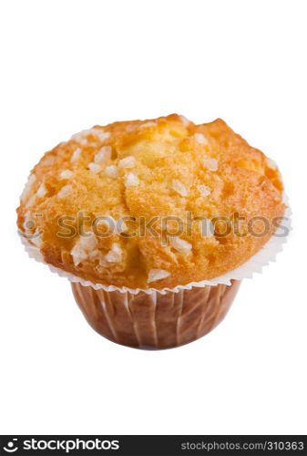 Single muffin with lemon taste isolated on white background.