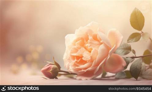 Single peach colored rose lying with a blurred background. Created using AI Generated technology and image editing software.