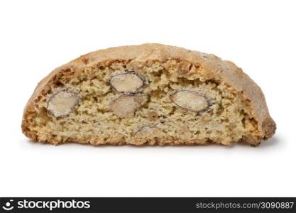 Single piece of fresh traditional Italian Cantuccini close up isolated on white background