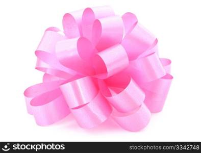 single pink ribbon satin gift bow on white background