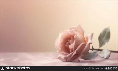 Single pink rose lying on a pastel peach to yellow gradient background. Created using AI Generated technology and image editing software.