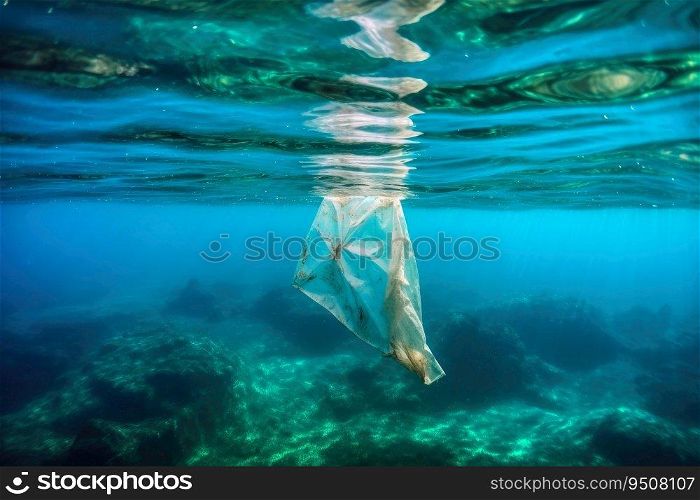 Single plastic waste bag under water in the ocean created with generative AI technology