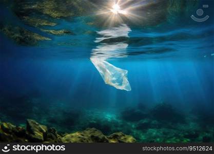 Single plastic waste bag under water in the ocean created with generative AI technology