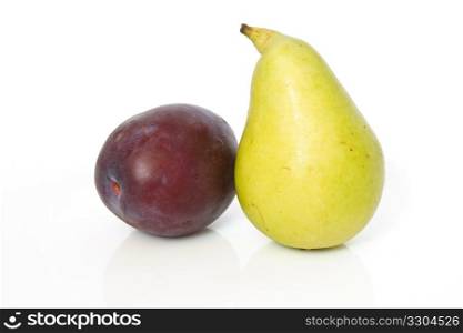 single plum and pear isolated on white background