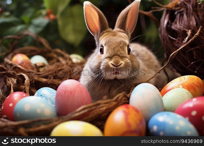 Single rabbit and colorful easter eggs, generative ai.
