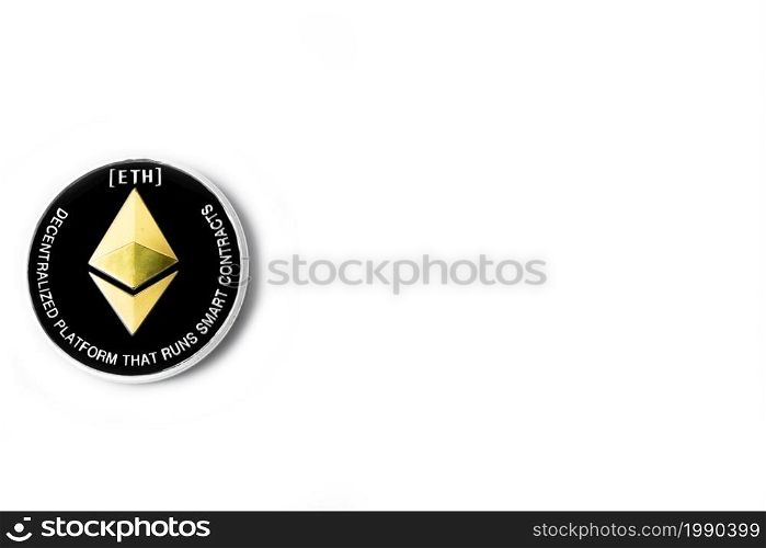Single real coin from Cryptocurrency Ethereum Silver, isolated on white background. Modern currency.. Single Real coin of cryptocurrency Silver Ethereum isolated on white background