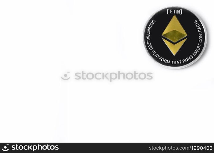 Single real coin from Cryptocurrency Ethereum Silver, isolated on white background. Modern currency.. Single Real coin of cryptocurrency Silver Ethereum isolated on white background