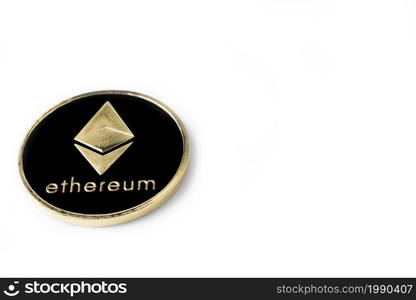 Single real coin from Cryptocurrency Ethereum Silver, isolated on white background. Modern currency.. Single Real coin of cryptocurrency Silver Ethereum isolated on white background