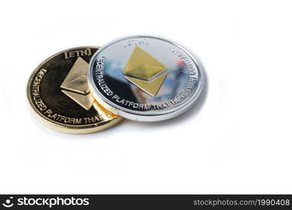 Single real coin from Cryptocurrency Ethereum Silver, isolated on white background. Modern currency.. Single Real coin of cryptocurrency Silver Ethereum isolated on white background