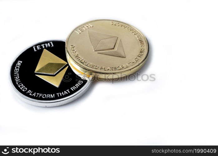 Single real coin from Cryptocurrency Ethereum Silver, isolated on white background. Modern currency.. Single Real coin of cryptocurrency Silver Ethereum isolated on white background