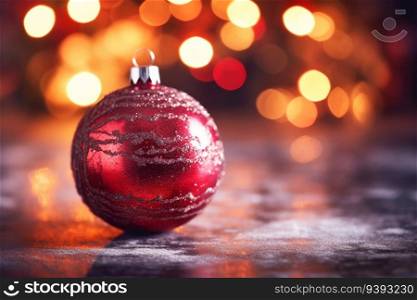 Single red Christmas ball on lights background with bokeh effect, generative ai