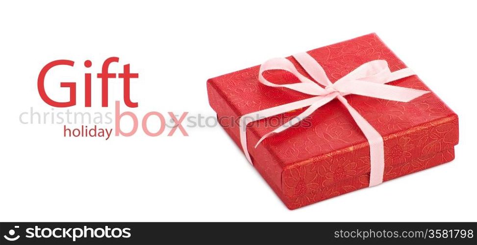 Single red gift box with pink ribbon on white background.