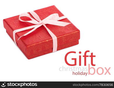 Single red gift box with pink ribbon on white background.